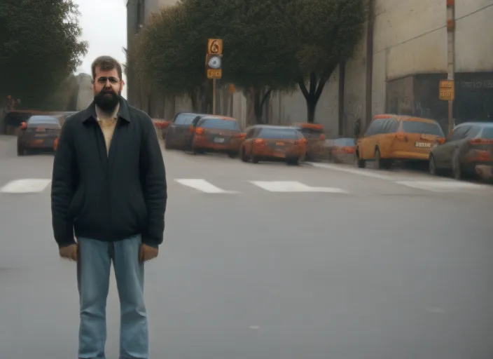 man standing on street holding a sign no other people around, hyperrealistic, cinematic