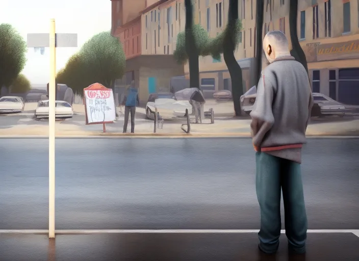 man standing on street holding a sign, no other people around, hyperrealistic, cinematic