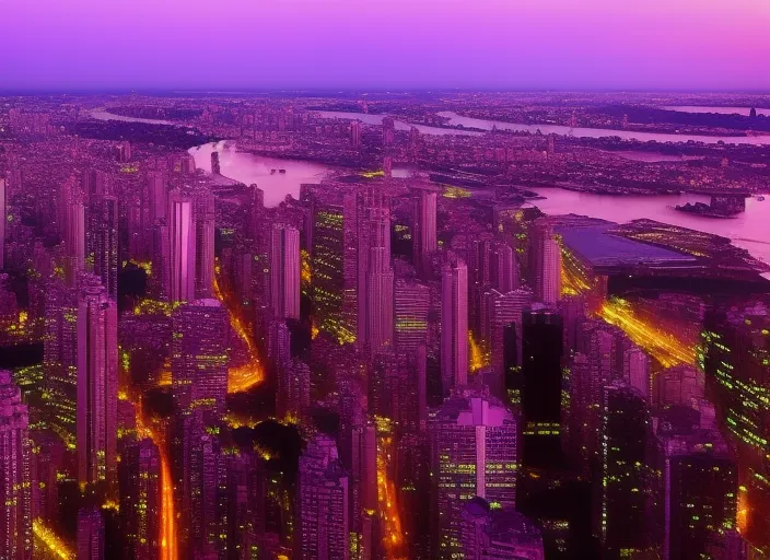 “a view of a city at sunset from a tall building. skyscraper, building, sky, cloud, purple, world, dusk, tower block, afterglow, pink”
