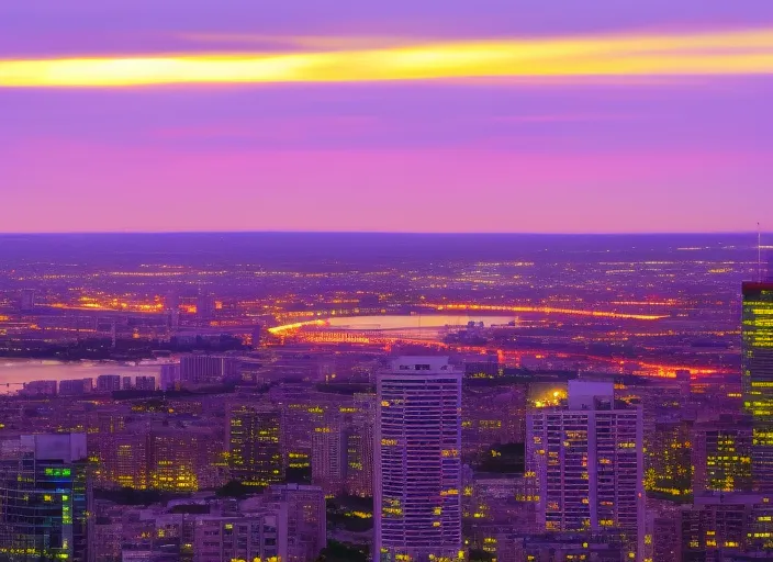 “a view of a city at sunset from a tall building. skyscraper, building, sky, cloud, purple, world, dusk, tower block, afterglow, pink”
