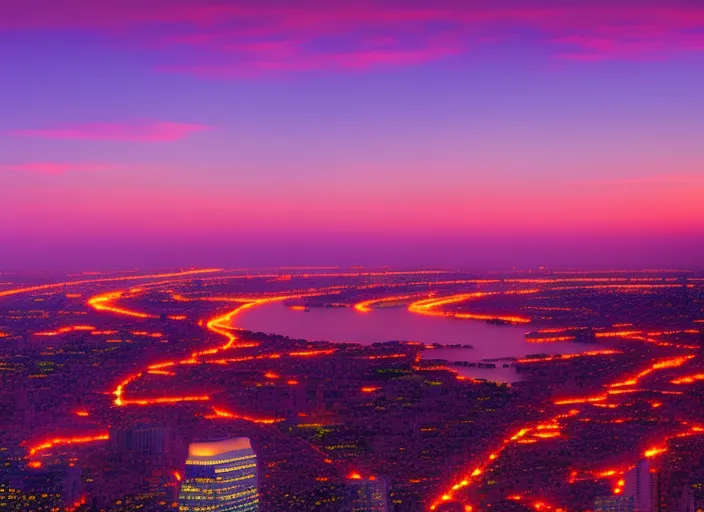 “a view of a city at sunset from a tall building. skyscraper, building, sky, cloud, purple, world, dusk, tower block, afterglow, pink”
