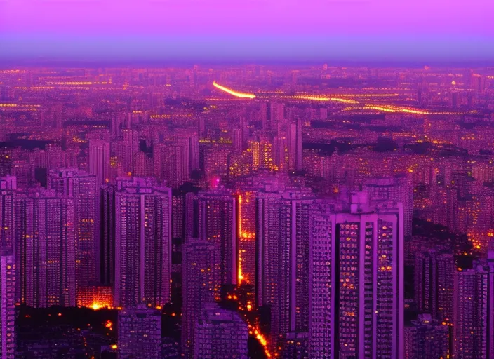 “a view of a city at sunset from a tall building. skyscraper, building, sky, cloud, purple, world, dusk, tower block, afterglow, pink”
