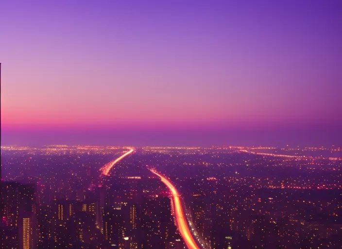 “a view of a city at sunset from a tall building. skyscraper, building, sky, cloud, purple, world, dusk, tower block, afterglow, pink, boy, car, music”
