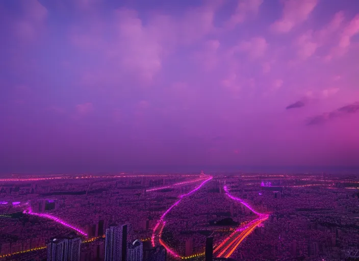 “a view of a city at sunset from a tall building. boy, car, music,skyscraper, building, sky, cloud, purple, world, dusk, tower block, afterglow, pink”
