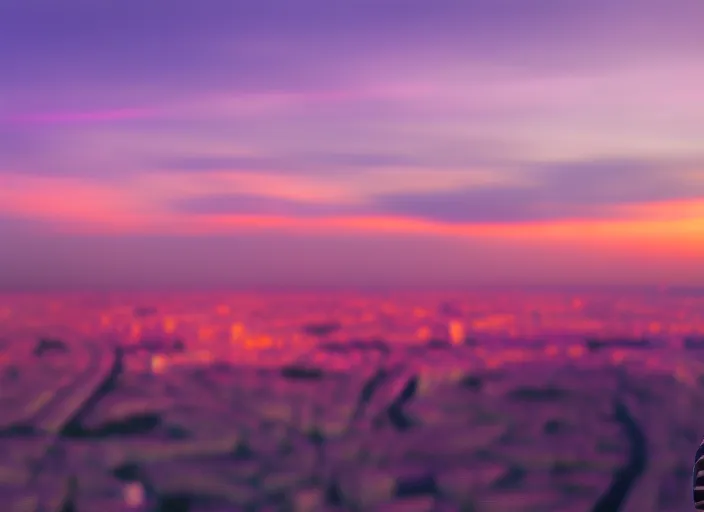 “a view of a city and boy at sunset from a tall building. boy, car, music, sky, cloud, purple, world, dusk, tower block, afterglow, pink”
