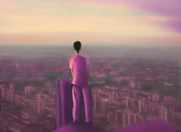“a view of a city and boy at sunset from a tall building. boy, car, music, sky, cloud, purple, world, dusk, tower block, afterglow, pink”
