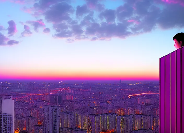 “a view of a city and boy at sunset from a tall building. boy, car, music, sky, cloud, purple, world, dusk, tower block, afterglow, pink”

