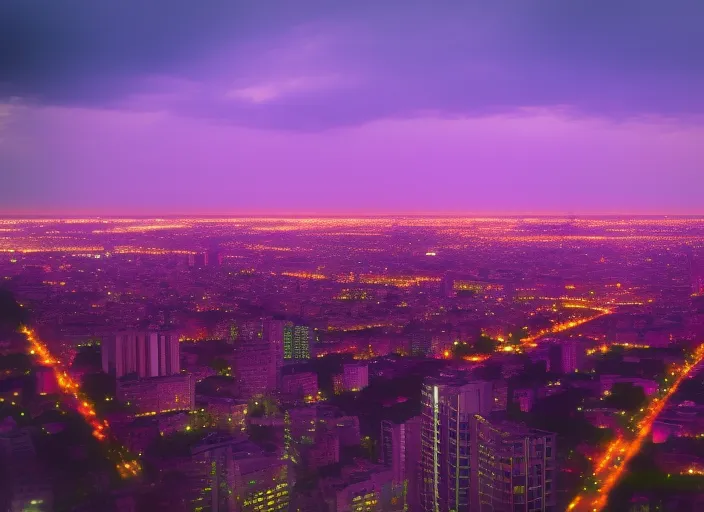 “a view of a city and boy at sunset from a tall building. boy, car, music, sky, cloud, purple, world, dusk, tower block, afterglow, pink”
