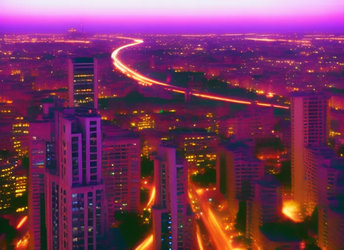 “a view of a city and boy at sunset from a tall building. boy, car, music, sky, cloud, purple, world, dusk, tower block, afterglow, pink”
