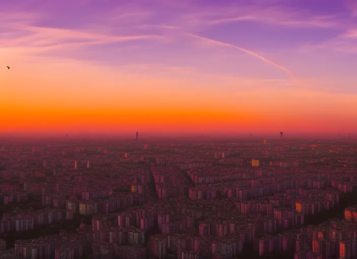 “a view of a city and boy at sunset from a tall building. boy, car, music, sky, cloud, purple, world, dusk, tower block, afterglow, pink”
