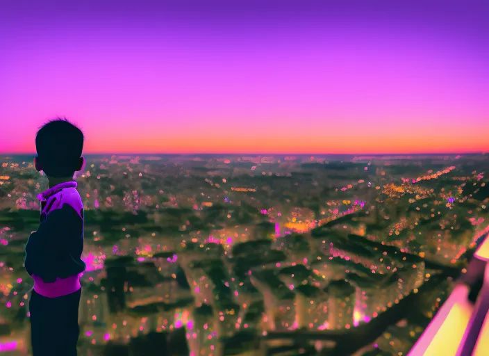“a view of a boy at sunset from a tall building. boy, car, music, sky, cloud, purple, world, dusk, tower block, afterglow, pink”
