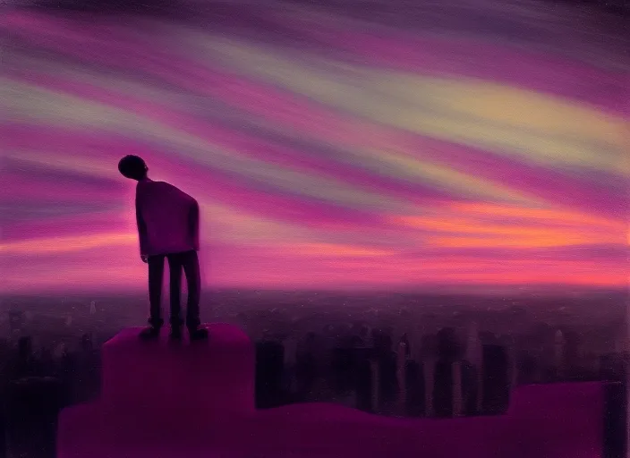 “a view of a boy at sunset from a tall building. boy, car, music, sky, cloud, purple, world, dusk, tower block, afterglow, pink”
