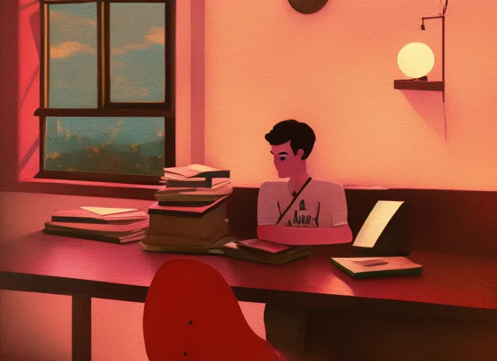 "A Boy's Lofi Study Session: Watch as a young man sits at his desk, surrounded by books and a warm pink sky shining through his window. Experience the calm and nostalgic vibes of lofi music, perfect for a study session or just relaxing after a long day."