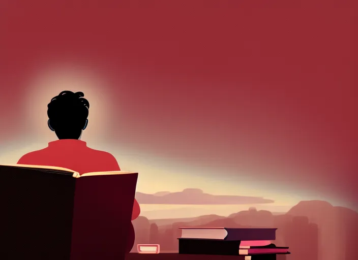 "A Boy's Lofi Study Session: Watch as a young man sits at his desk, surrounded by books and a warm pink sky shining through his window. Experience the calm and nostalgic vibes of lofi music, perfect for a study session or just relaxing after a long day."
