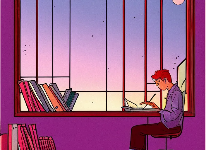 "A Boy's Lofi Study Session: Watch as a young man sits at his desk, surrounded by books and a warm pink sky shining through his window. Experience the calm and nostalgic vibes of lofi music, perfect for a study session or just relaxing after a long day.". "A Boy's Lofi Study Session: Watch as a young man sits at his desk, surrounded by books and a warm pink sky shining through his window. Experience the calm and nostalgic vibes of lofi music, perfect for a study session or just relaxing after a long day.". f2.2, reflective, intricate details, sparkles, cinematic