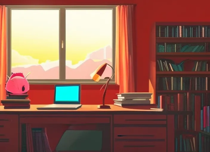 "A Boy's Lofi Study Session: Watch as a young man sits at his desk, surrounded by books and a warm pink sky shining through his window. Experience the calm and nostalgic vibes of lofi music, perfect for a study session or just relaxing after a long day.". "A Boy's Lofi Study Session: Watch as a young man sits at his desk, surrounded by books and a warm pink sky shining through his window. Experience the calm and nostalgic vibes of lofi music, perfect for a study session or just relaxing after a long day.". lush, uhd 8k cryengine, Color Field, cinematic lighting, attractive