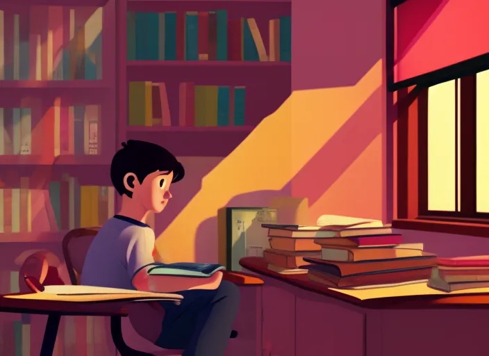 "A Boy's Lofi Study Session: Watch as a young man sits at his desk, surrounded by books and a warm pink sky shining through his window. Experience the calm and nostalgic vibes of lofi music, perfect for a study session or just relaxing after a long day."