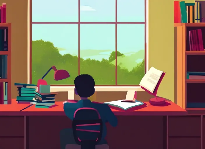 "A Boy's Lofi Study Session: Watch as a young man sits at his desk, surrounded by books and a warm pink sky shining through his window. Experience the calm and nostalgic vibes of lofi music, perfect for a study session or just relaxing after a long day."