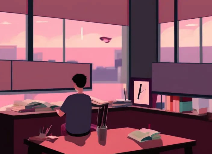 "A Boy's Lofi Study Session: Watch as a young man sits at his desk, surrounded by books and a warm pink sky shining through his window. Experience the calm and nostalgic vibes of lofi music, perfect for a study session or just relaxing after a long day."