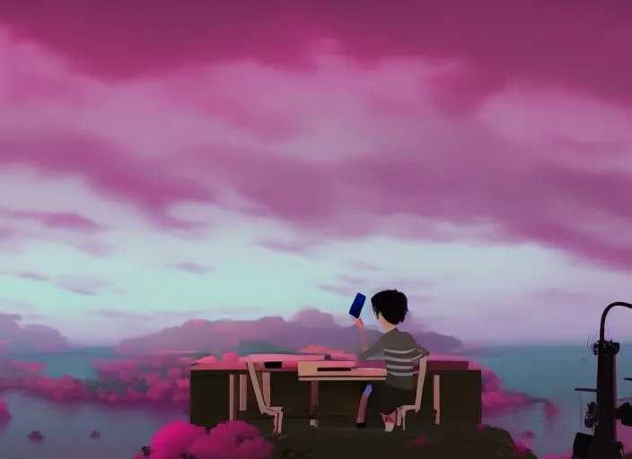 "Chill with the Boy at his Desk under the Pink Sky: A Lofi Music Video"
