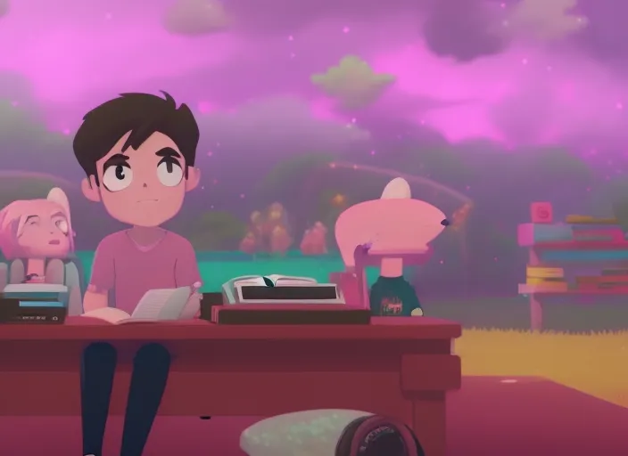 "Chill with the Boy at his Desk under the Pink Sky: A Lofi Music Video"




