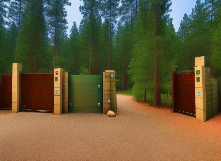 the automated [security gate]::2 surrounding the forest property entrance, lots of pine trees. the automated [security gate]::2 surrounding the forest property entrance, lots of pine trees. cinematic, professional headshot