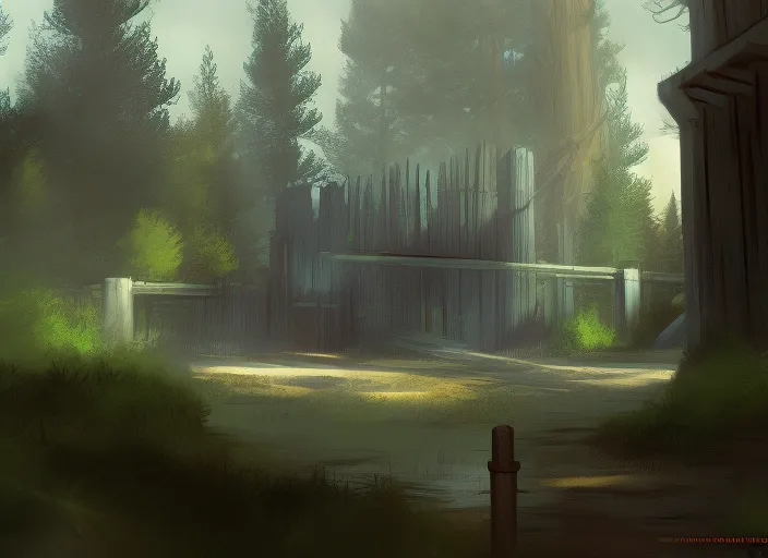 the automated [security gate]::4 surrounding the forest property entrance, lots of pine trees, highly detailed, digital painting, artstation, concept art, matte, sharp focus art by greg rutkowski