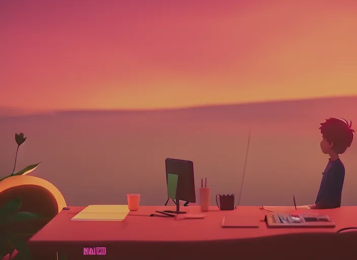 “Chill with the Boy at his Desk under the Pink Sky: A Lofi Music Video". "Chill with the Boy at his Desk under the Pink Sky: A Lofi Music Video". lovely, 1080px, HD, 4K, High quality”
