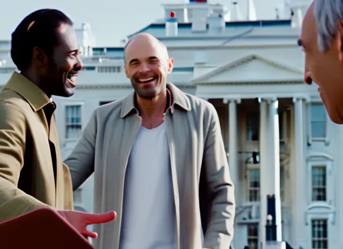 man talking to another person both very happy, the white house background, cinematic, hyperrealistic