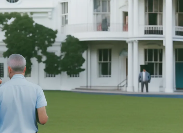 man talking to another person both very happy, the white house background, cinematic, hyperrealistic
