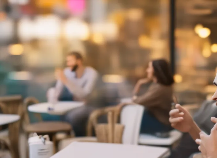 man talking to another person both very happy, cafe background, cinematic, hyperrealistic