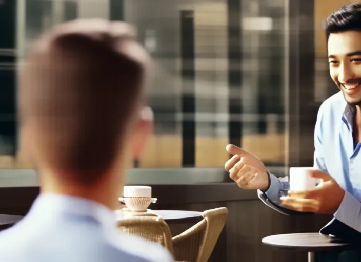 man talking to another person both very happy, cafe background, cinematic, hyperrealistic