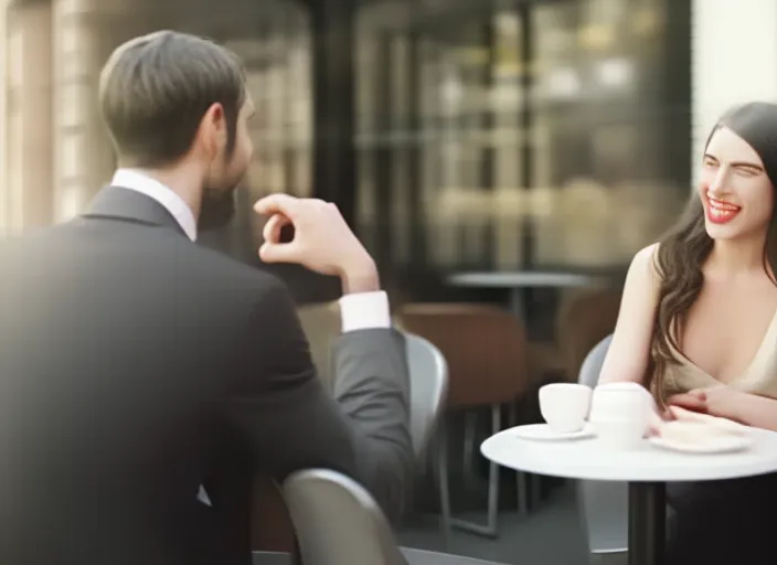 man talking to another person both very happy, cafe background, cinematic, hyperrealistic