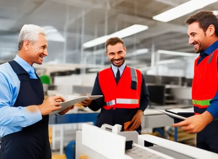 two workers talking happily at work