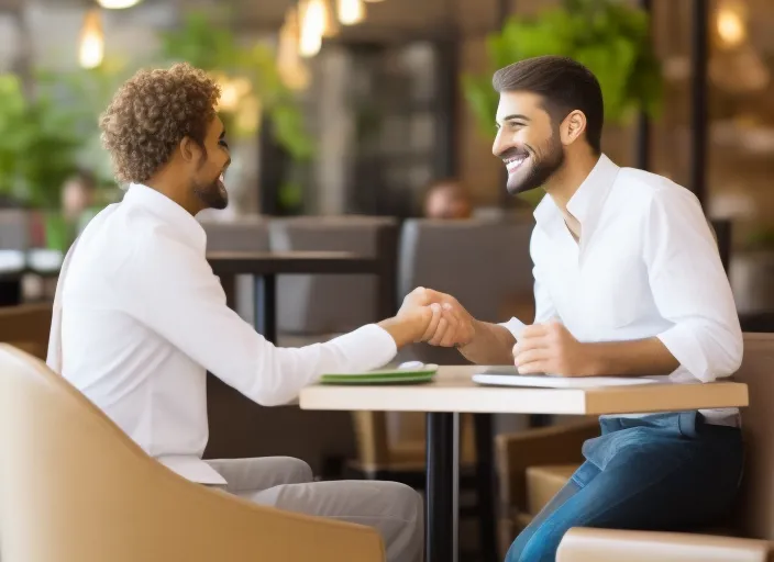 two workers talking happily at work in a resturaunt