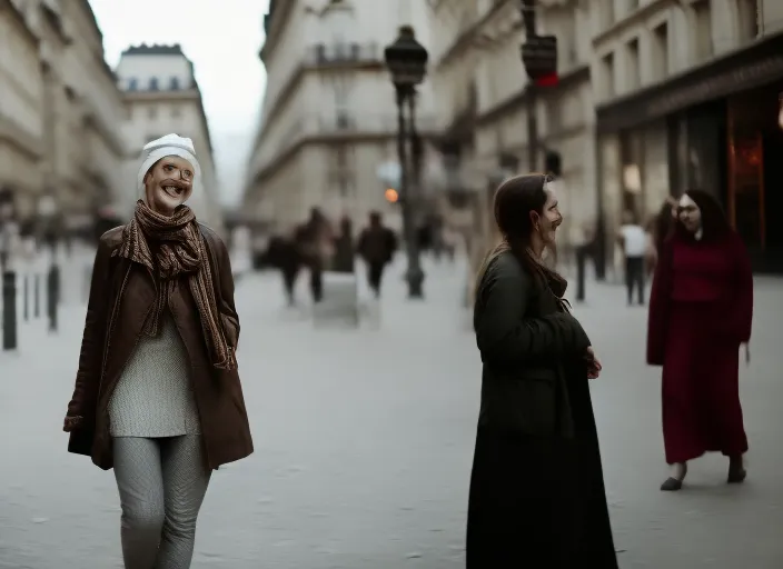 woman super happy talking to people in Paris, cinematic, hyperrealistic