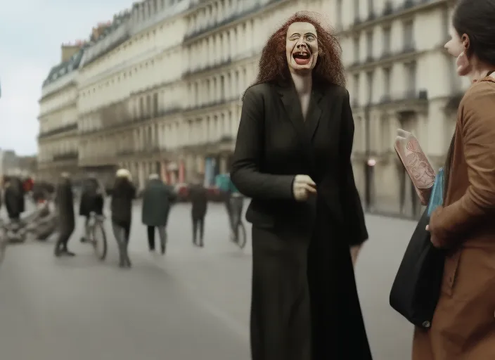 woman super happy talking to people in Paris, cinematic, hyperrealistic