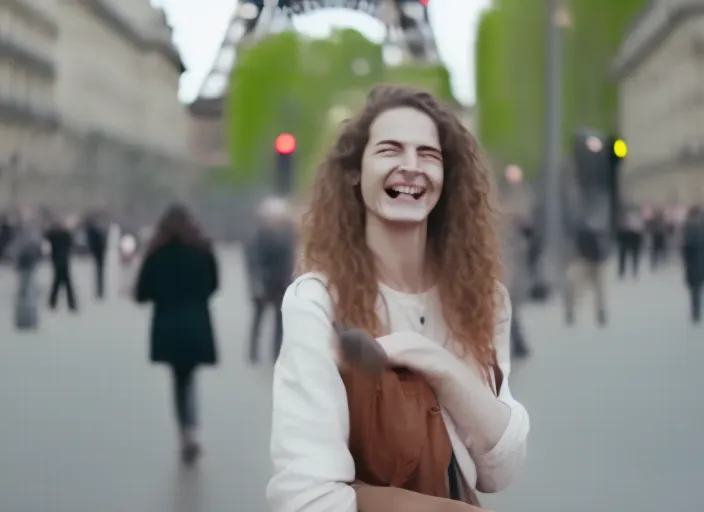 woman super happy talking to people in Paris, cinematic, hyperrealistic
