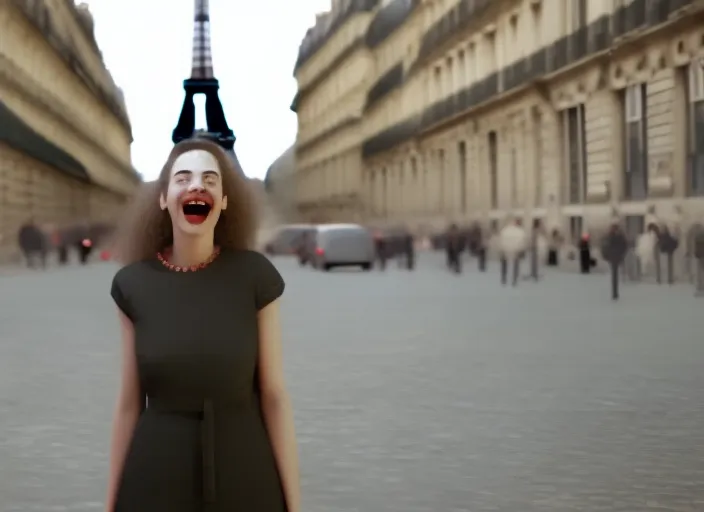 beautiful woman super happy talking to people in Paris, cinematic, hyperrealistic