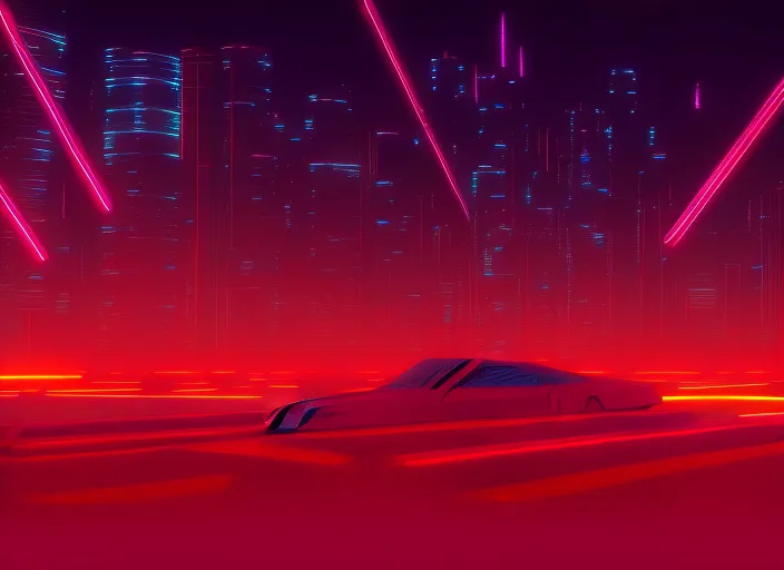 Car driving towards a city, synthwave, retrowave, vibrant neon colors, high detail, 8k