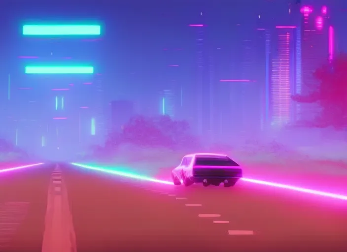 Car driving towards a city, synthwave, retrowave, vibrant neon colors, high detail, 8k