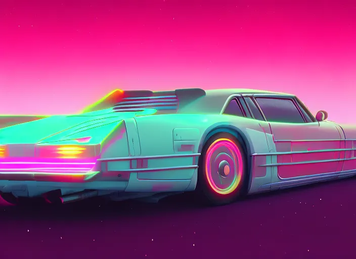 Car driving towards a city, synthwave, retrowave, vibrant neon colors, high detail, 8k