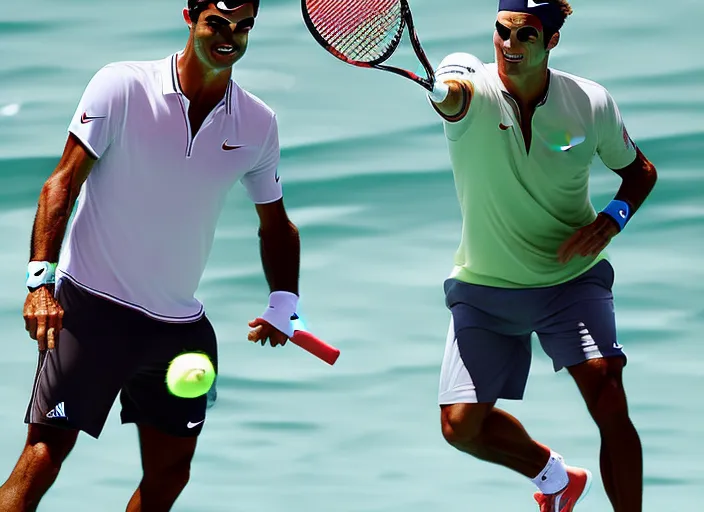 
Cristiano Ronaldo playing tennis with Roger Federer at the beach