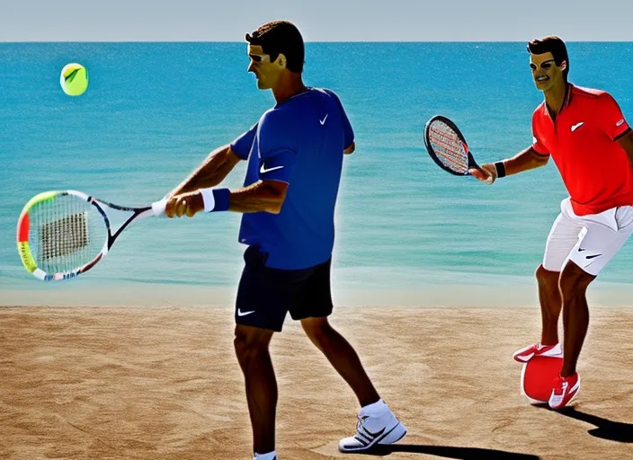 
Cristiano Ronaldo playing tennis with Roger Federer at the beach