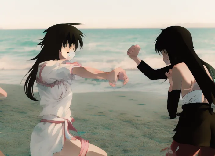 Anime girls fighting each other and throwing punches at their faces while  at the beach