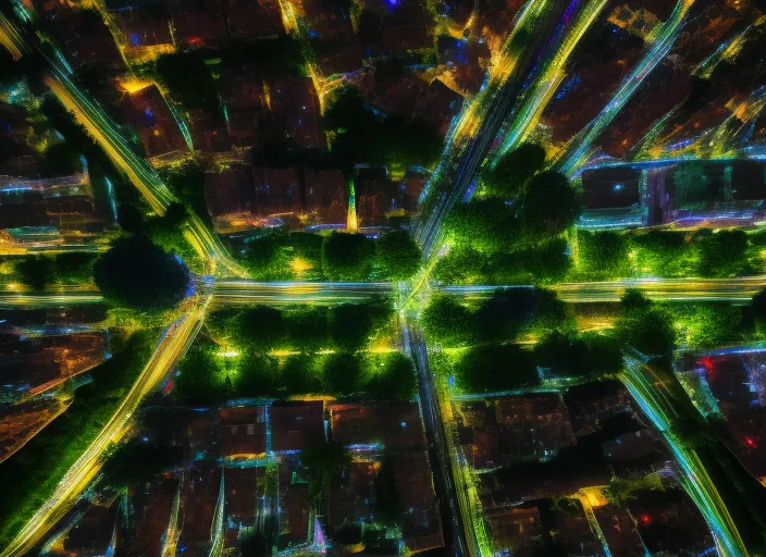 flying over the city lights at night from drone perspective, in the style of greg rutowski