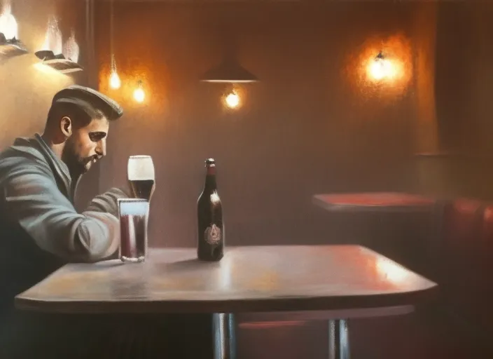 man all alone sitting in a pub, sad, cinematic, hyperrealistic