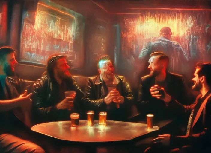 man having fun talking with friends at a pub, cinematic, hyperrealistic, cyberpunk art, magic