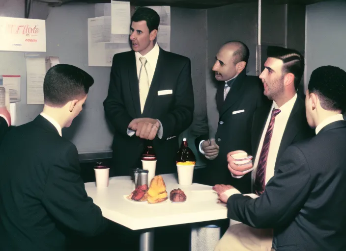man in suit talking to 3 people in mcdonald work clothes at party