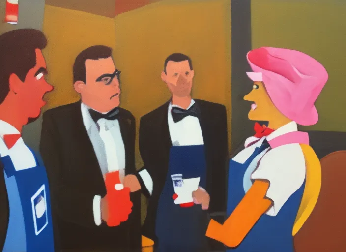 man in suit talking to 3 people in mcdonald aprons clothes at party